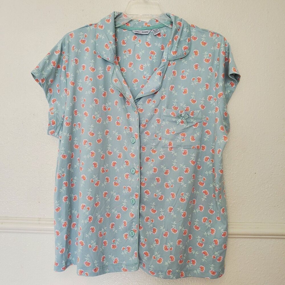 Luna & Dawn Floral Pajama Top Short Sleeve Button Up Sage Green XL 5030